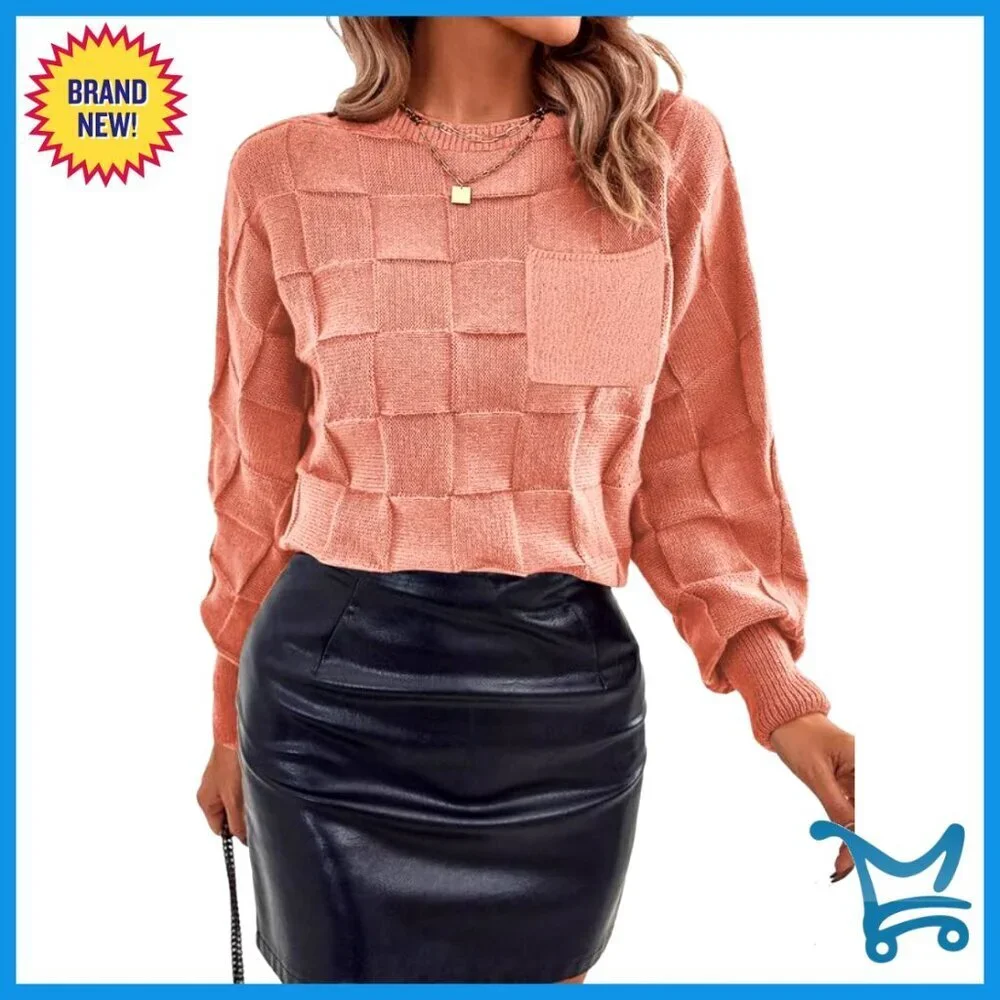 Lightweight Knit Pullover Sweater Batwing Sleeves Patch Pockets Casual Chic